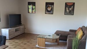 a living room with a couch and a tv at Ferienhaus Kusel Blick in Kusel