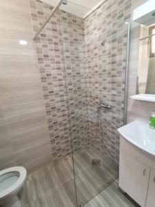La salle de bains est pourvue d'une douche, de toilettes et d'un lavabo. dans l'établissement Guesthouse Zimovski, à Pechtani