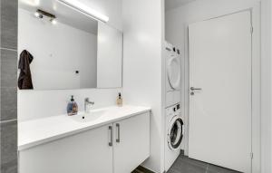 een witte badkamer met een wastafel en een wasmachine bij Havnehusene, Lejl, 54 in Slagelse