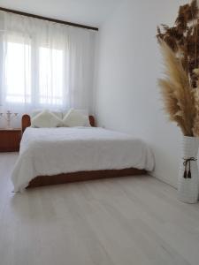 a white bedroom with a bed and a window at Royal Apartment Bar in Bar