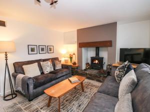 a living room with a couch and a fireplace at Clematis Cottage in Shrewsbury