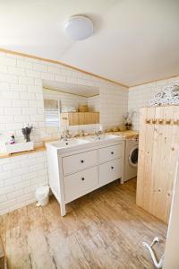 een badkamer met een wastafel en een wasmachine bij Chaloupka Růženka II in Arnoltice u Decina