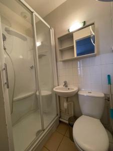 a bathroom with a toilet and a shower and a sink at LA BELLE PAUSE - Studio Auxerre proche parking in Auxerre