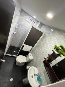 a bathroom with a toilet and a sink and a shower at Apartamento de descaso por san Gil in San Gil