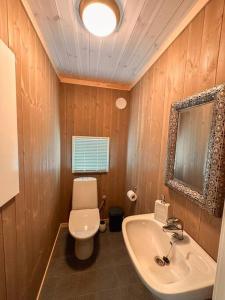 a bathroom with a white toilet and a sink at Harevadet 211 in Hornindal