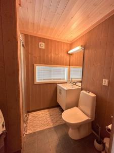 ein Badezimmer mit einem weißen WC und einem Waschbecken in der Unterkunft Harevadet 211 in Hornindal