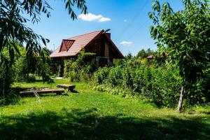 a garden with a bench and a house in the background at Domek Nad Stawem in Mrągowo