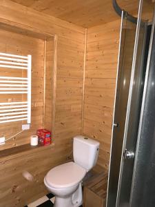 - une salle de bains avec toilettes dans une cabine en bois dans l'établissement maison de vigneron, à Mareugheol
