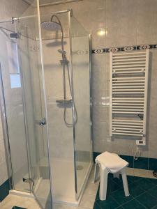 a glass shower with a stool in a bathroom at Ferienwohnung Renate Hubner in Gosau