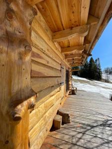 une cabane en rondins avec un mur en bois et un toit dans l'établissement Domek Oźna płoscyna, à Rajcza