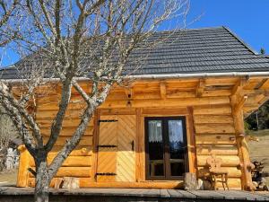 a log cabin with a door and a tree at Domek Oźna płoscyna in Rajcza +15 photos