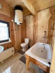 a bathroom with a tub and a toilet in it at Domek Oźna płoscyna in Rajcza