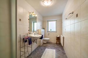 ein Badezimmer mit einem Waschbecken, einem WC und einem Spiegel in der Unterkunft Mühlanderhof Apt Endkopf in Reschen