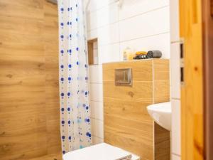 a bathroom with a shower and a toilet and a sink at Bieszczadzki Szeryf 660-492-682 in Polańczyk +33 photos