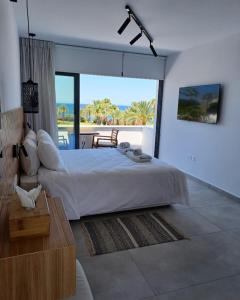 a bedroom with a large bed and a large window at Terrazza Suites in Paphos City