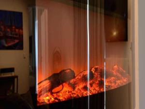 um forno de fogo com um objecto grande nele em Ohlerich Speicher App_ 19 em Wismar