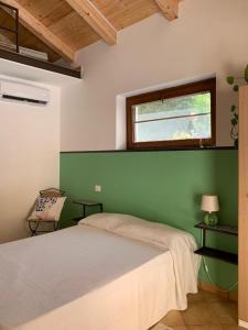 a bedroom with a bed and a green wall at La stanza in giardino in Cava deʼ Tirreni