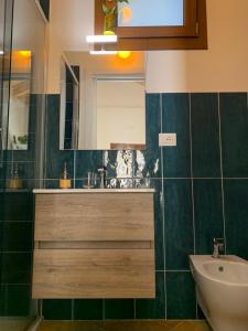 bagno con lavandino, servizi igienici e specchio di La stanza in giardino a Cava deʼ Tirreni