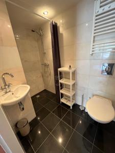 een badkamer met een wastafel, een toilet en een douche bij Studio J. in Egmond aan Zee
