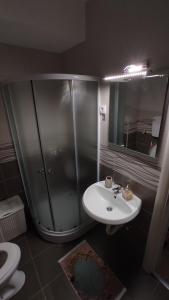 a bathroom with a shower and a white sink at Studio 13 in Kragujevac