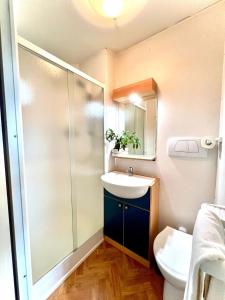 a bathroom with a shower and a sink and a toilet at Camping Village Tuscia Tirrenica in Tarquinia