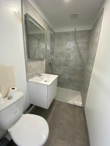 ein Badezimmer mit Toilette, Waschbecken und Dusche in der Unterkunft Appartement 10pers. à Vallères in Vallères