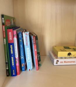 a row of books sitting on a shelf at Casa Raposa Lodges - Terrace Mountain View in Manteigas