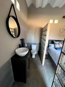 a bathroom with a sink and a toilet and a mirror at The Stables in Roodepoort