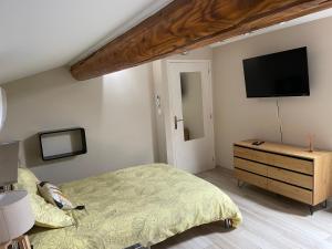 ein Schlafzimmer mit einem Bett und einem TV an der Wand in der Unterkunft Chez Maggie in Saint-Gervais