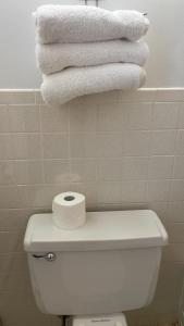 a pile of towels hanging above a toilet in a bathroom at Bel-Air Motel in Sault Ste. Marie