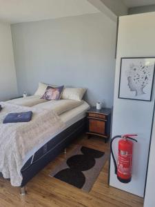 ein Schlafzimmer mit einem Bett und einem Hydranten auf dem Boden in der Unterkunft Hagi 2 Road 62 in Patreksfjörður