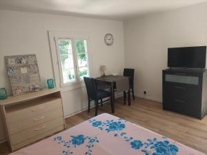 1 dormitorio con 1 cama y escritorio con TV en Detente au pays de Lauzun en Saint-Colomb-de-Lauzun