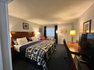 Habitación de hotel con cama y TV en American Boutique Inn - Lakeview, en Mackinaw City