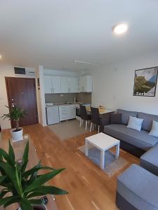 a living room with a couch and a table at Mirabela Apartman Sokobanja in Soko Banja