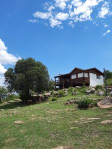 a house on the side of a hill with a tree at Cabaña de Montaña, La Casita Mina Clavero CBA in Mina Clavero