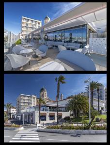 two pictures of a building with tables and chairs at Appartement 4 pers Front de Mer - 10m de la Plage in Saint-Raphaël