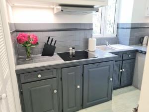 a kitchen with blue cabinets and a sink and a vase of flowers at Newly renovated 2 room apartment in Saint-Martin-Vésubie