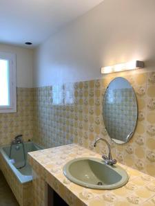 a bathroom with a sink and a mirror and a tub at Maison Colonel Teyssier in Albi