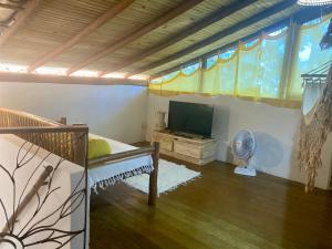 1 dormitorio con 1 cama y TV de pantalla plana en Casa Bromélia Red Itacaré, en Itacaré