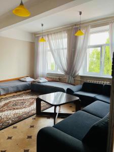uma sala de estar com dois sofás e uma mesa em Guesthouse Zarasai em Zarasai