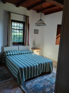 um quarto com uma cama com um edredão azul e uma janela em DOMUS AETRURIAE (ETRURIE) em Bracciano