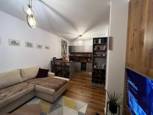 a living room with a couch and a kitchen at Zirkon City Rush Apartment in Tirana