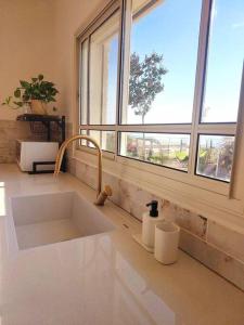 uma cozinha com um lavatório e duas janelas em בקצה em Ma'ale Gamla