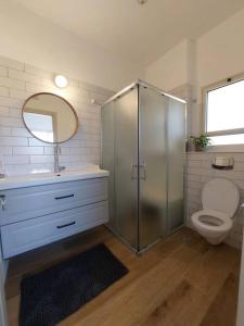 a bathroom with a shower and a toilet and a sink at בקצה in Ma'ale Gamla