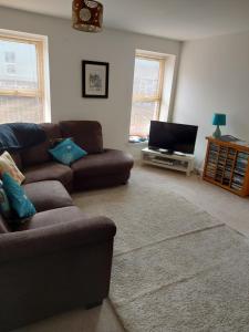 ein Wohnzimmer mit einem Sofa und einem Flachbild-TV in der Unterkunft Atrium apartments in Bangor