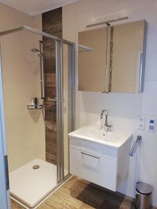 a bathroom with a shower and a sink at Ferienwohnung Sauerland in Drolshagen