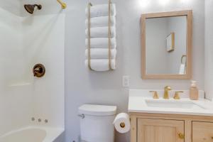 a bathroom with a toilet and a sink and a mirror at Port Clinton Vacation Rental with Boat Dock and Grill! in Port Clinton +19 photos