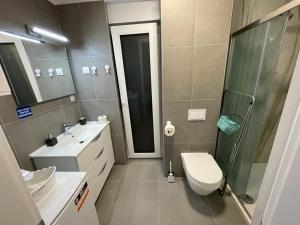 ein Bad mit einem WC, einem Waschbecken und einer Dusche in der Unterkunft Markioli Residence in Sevid