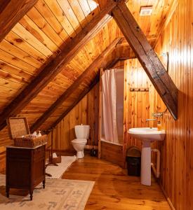 Łazienka z toaletą i umywalką w drewnianym suficie w obiekcie Frankówka w Łagowie