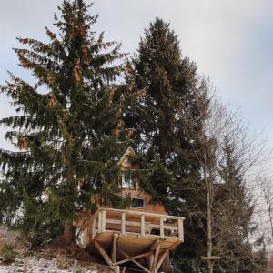 a house between two trees on top of a hill at Get your zen among the trees in Stahovica